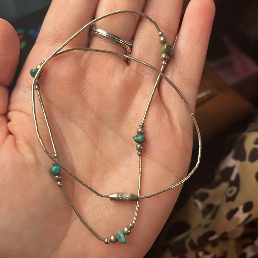 Vintage Liquid Silver And Turquoise Nugget Neckla… - image 2
